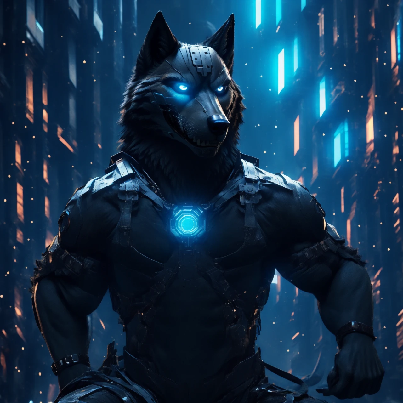 Posing, Male, 30 years old, evil grin, visor, blue glowing eyes , anthro,  wolf ears, (black fur:1.5), cyber wolf, city background, 8k, hi res, (best quality, masterpiece), (wolf tail:1.5), detailed fur, solo, looking at camera, night, black leather jacket, Blue jeans, realistic,