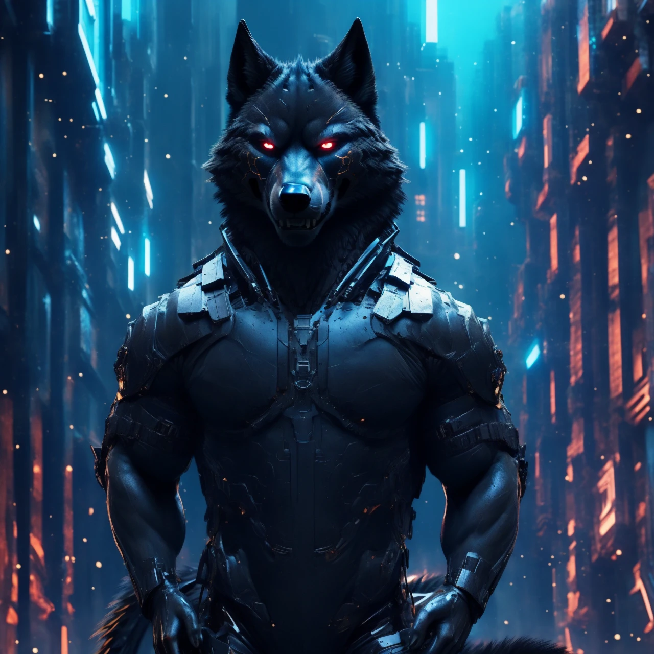 Posing, Male, 30 years old, evil grin, visor, blue glowing eyes , anthro,  wolf ears, (black fur:1.5), cyber wolf, city background, 8k, hi res, (best quality, masterpiece), (wolf tail:1.5), detailed fur, solo, looking at camera, night, black leather jacket, Blue jeans, realistic,