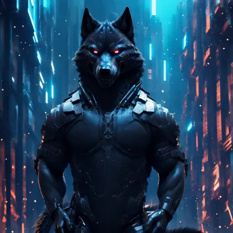 Posing, Male, 30 years old, evil grin, visor, blue glowing eyes , anthro,  wolf ears, (black fur:1.5), cyber wolf, city backgrou...