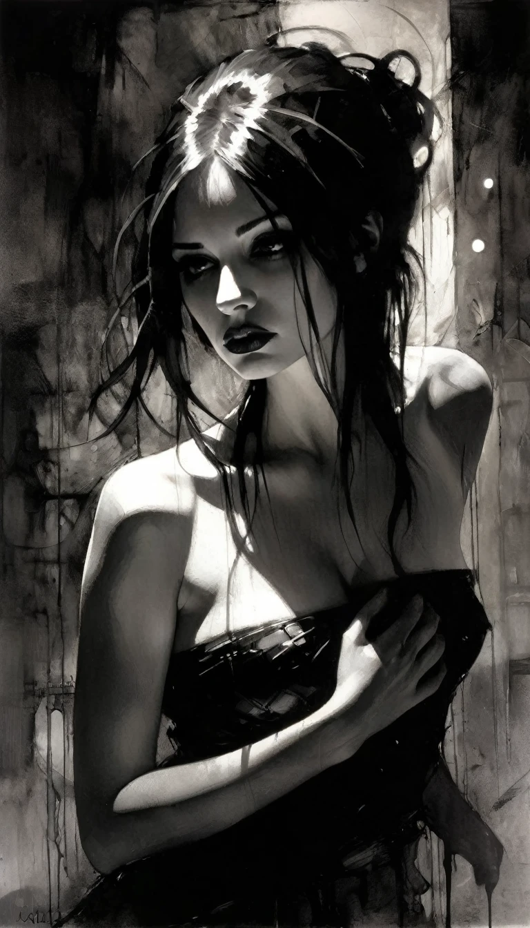 Black and white image, chiaroscuro, sensual, dramatic lighting, moody atmosphere, photorealistic, intricate details, masterpiece, ultra-detailed, high quality, 8k, best quality, realistic, cinematic, dark and brooding, expressionistic, powerful composition, emotional impact (art inspired in Bill Sienkiewicz). oil painting)
