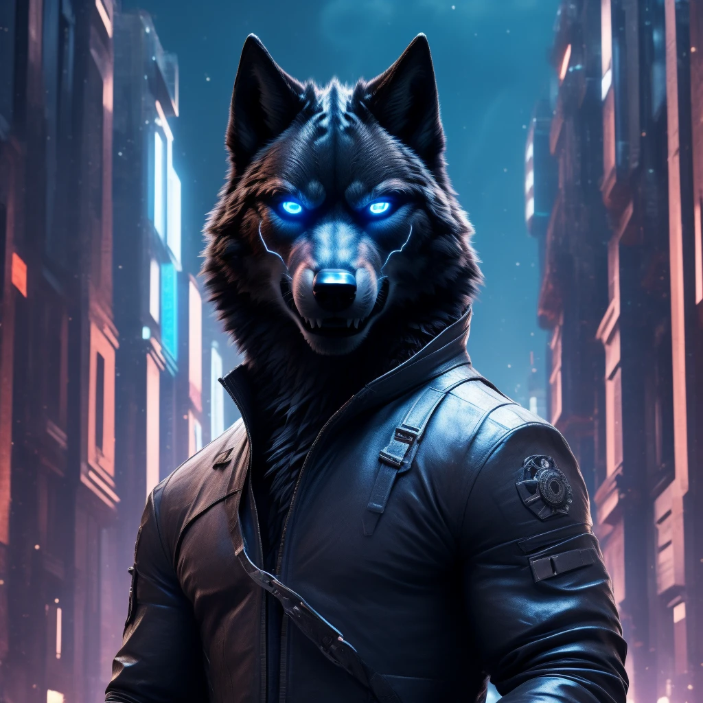 Posing, Male, 30 years old, evil grin, blue glowing eyes , anthro,  wolf ears, (black fur:1.5), cyber wolf, city background, 8k, hi res, (best quality, masterpiece), (wolf tail:1.5), detailed fur, solo, looking at camera, night, black leather jacket, Blue jeans, realistic,