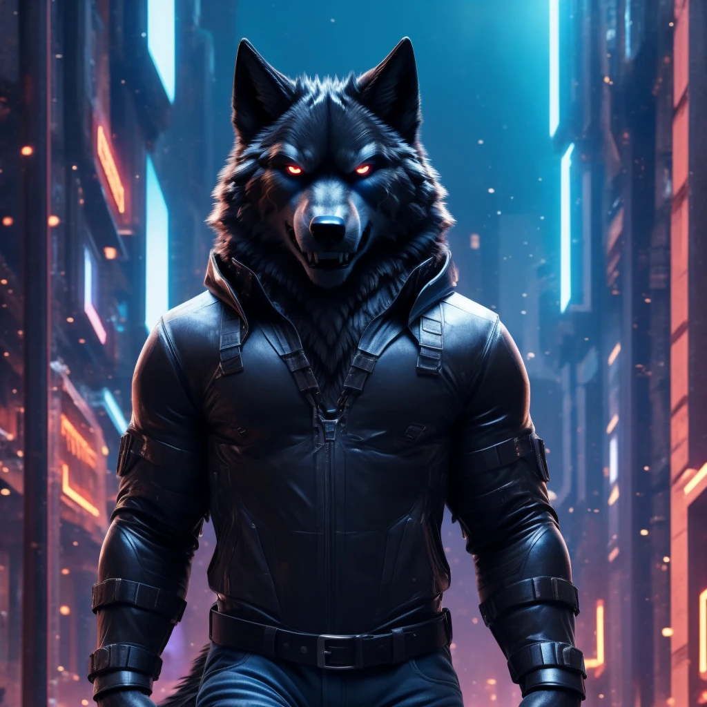 Posing, Male, 30 years old, evil grin, blue glowing eyes , anthro,  wolf ears, (black fur:1.5), cyber wolf, city background, 8k, hi res, (best quality, masterpiece), (wolf tail:1.5), detailed fur, solo, looking at camera, night, black leather jacket, Blue jeans, realistic,