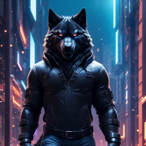 Posing, Male, 30 years old, evil grin, blue glowing eyes , anthro,  wolf ears, (black fur:1.5), cyber wolf, city background, 8k,...