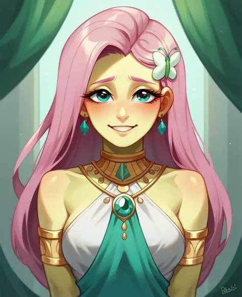 fluttershy from equestria girls half naked wearing greek clothes with jewelry all over her body while looking at the viewer in f...