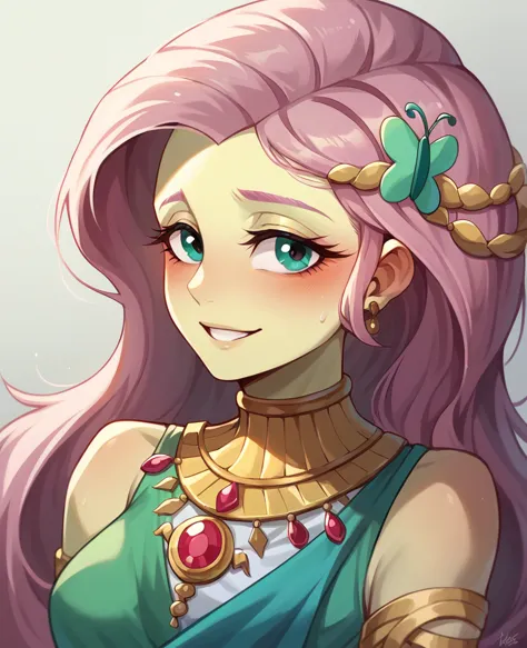 fluttershy from equestria girls half naked wearing greek clothes with jewelry all over her body while looking at the viewer in f...