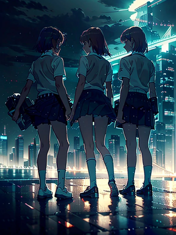 1girl, solo, ,misaka mikoto, shirt, white shirt, brown  sweater vest, skirt, , pleated skirt, short sleeves,  shorts, grey skirt, socks, collared shirt, shoes, loose socks, shorts under skirt, loafers, , black skirt,  ,  masterpiece, best quality, standing,Urban, City, Skyscrapers, Skyline, Illuminated, Lightning, Thunderous, Bolts, Flashing, Glowing, Vibrant, Electric, Striking, Dynamic, Dramatic, Stormy, Urban sprawl, Nighttime, , Excitement, Thriving, Neon lights, Reflections, Illuminated signs, Rain-soaked, Dramatic contrast, Impressive, Resilient, Towering, Spectacular, Impressive, Bustling, Unforgettable, full body, from below