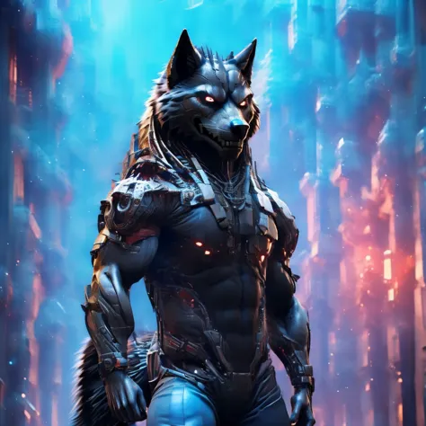 Posing, Male, 30 years old, evil grin, blue glowing eyes , anthro,  wolf ears, (black fur:1.5), cyber wolf, city background, 8k,...