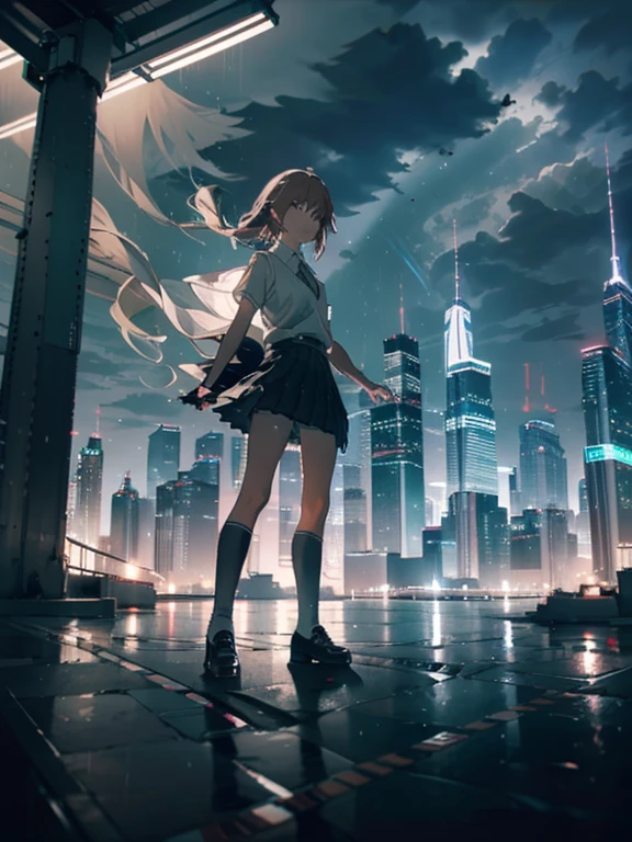 1girl, solo, ,misaka mikoto, shirt, white shirt, brown sweater vest, skirt, , pleated skirt, short sleeves, shorts, grey skirt, socks, collared shirt, shoes, loose socks, shorts under skirt, loafers, , black skirt, , masterpiece, best quality, standing,Urban, City, Skyscrapers, Skyline, Illuminated, Lightning, Thunderous, Bolts, Flashing, Glowing, Vibrant, Electric, Striking, Dynamic, Dramatic, Stormy, Urban sprawl, Nighttime, , Excitement, Thriving, Neon lights, Reflections, Illuminated signs, Rain-soaked, Dramatic contrast, Impressive, Resilient, Towering, Spectacular, Impressive, Bustling, Unforgettable, full body, from below