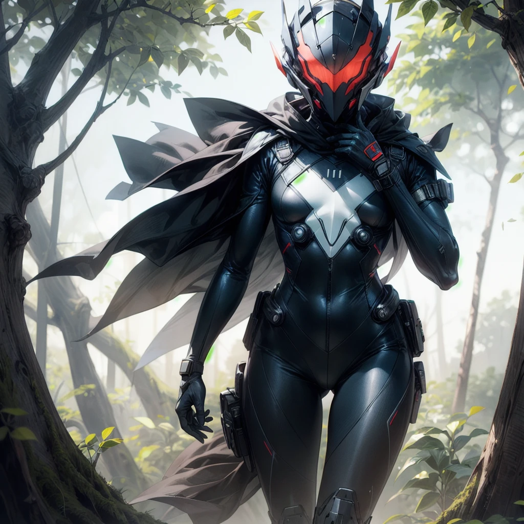 photo , ((demand:1.2)), ((One:1.3)), a mask, red luminous visor, completely covered face,  black bodysuit, standing on top of a tree, I&#39;m standing by a huge tree, lush jungle, dense jungle, a tropical forest, dark atmosphere, night time, 