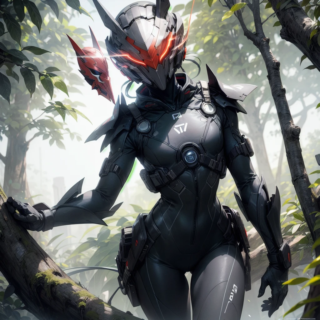 photo , ((demand:1.2)), ((One:1.3)), a mask, red luminous visor, completely covered face,  black bodysuit, standing on top of a tree, I&#39;m standing by a huge tree, lush jungle, dense jungle, a tropical forest, dark atmosphere, night time, 