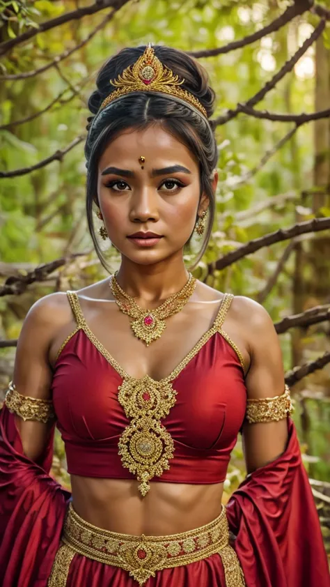 create a hyper realistic photo a beautiful indonesian woman as a hero in dynasty kingdom of majapahit, wearing small gold neklac...