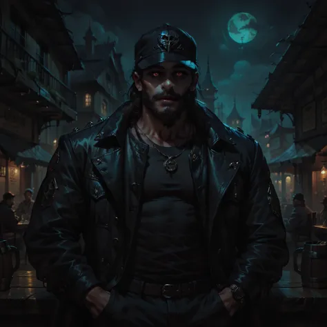 charismatic, sinister bearded sailor, open jacket, cap in half profile, at night, enters the entrance of a tavern, neon dark art