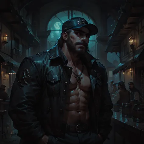 charismatic, sinister bearded sailor, open jacket, cap in half profile, at night, enters the entrance of a tavern, neon dark art