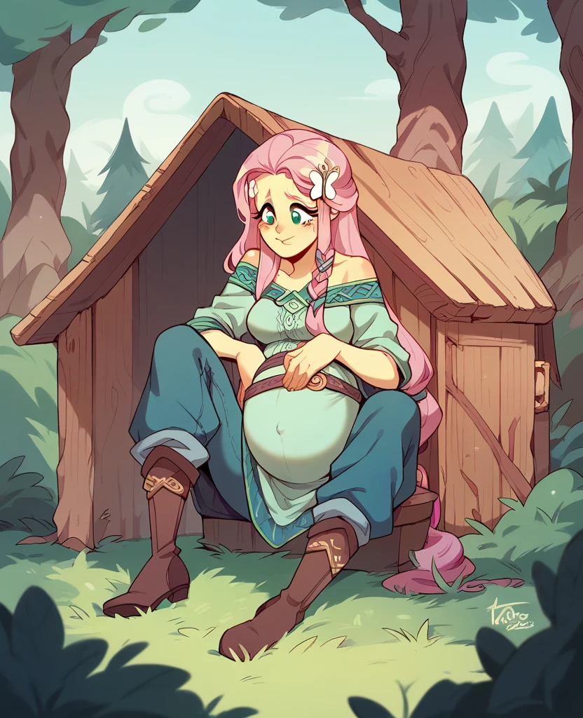 fluttershy from equestria girls wearing nordic clothes and pregnant with the norse god balder with a face of pure happiness living in a cabin in the forest