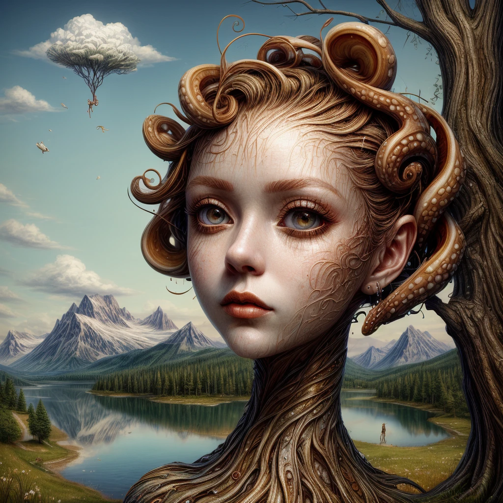 (masterpiece, hi resolution, hd wallpaper, extra resolution, best quality, intricate details:1.3), a head flying in the sky and turning into octopus with squids instead of hair, pretty face, big eyes with elegant eyelashes, surrealistic landscape with a grassy area and a lake on the foreground and trees and mountain on the background, abstract shapes and dead black tree growing on the head while head flying in the sky, liquid flash, balls, artwork by AIDA_NH_humans, surrealistic portrait in style of AIDA_NH_humans 