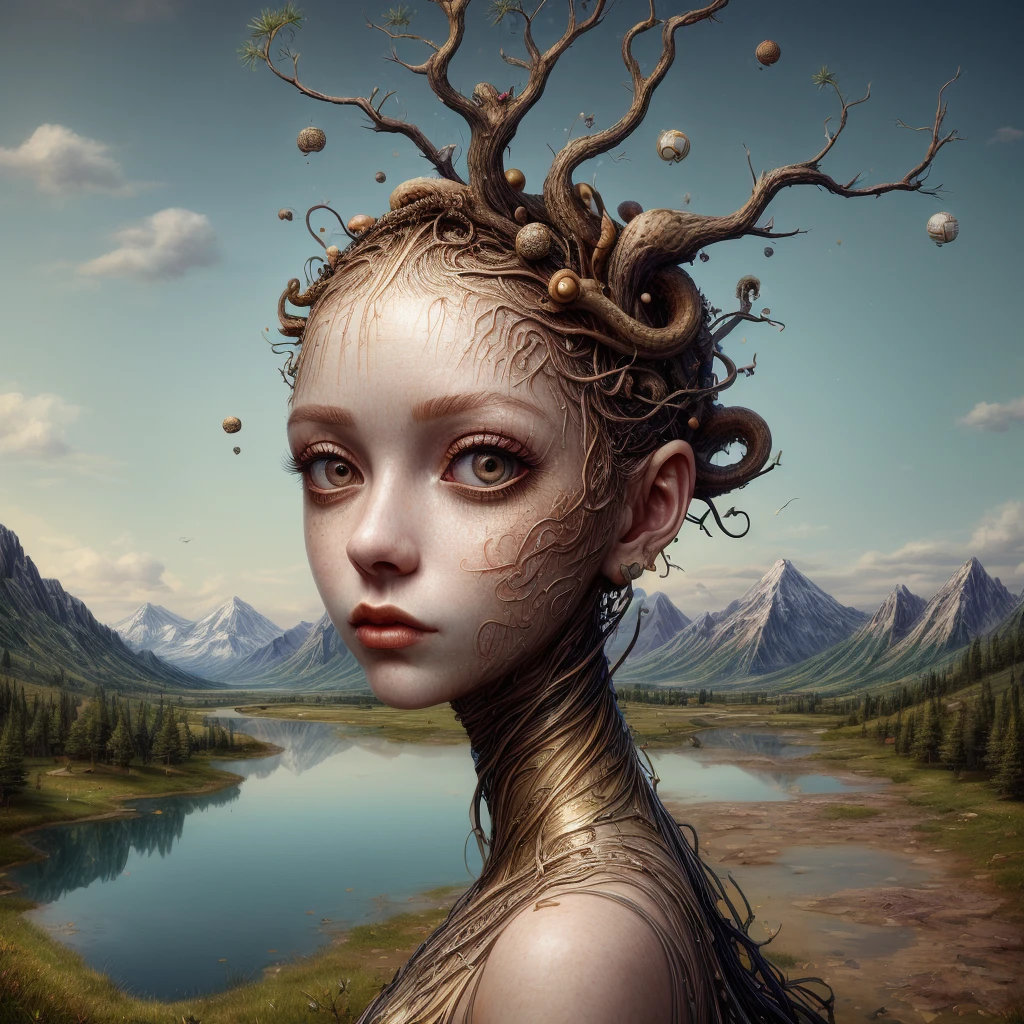 (masterpiece, hi resolution, hd wallpaper, extra resolution, best quality, intricate details:1.3), a head flying in the sky and turning into octopus with squids instead of hair, pretty face, big eyes with elegant eyelashes, surrealistic landscape with a grassy area and a lake on the foreground and trees and mountain on the background, abstract shapes and dead black tree growing on the head while head flying in the sky, liquid flash, balls, artwork by AIDA_NH_humans, surrealistic portrait in style of AIDA_NH_humans 