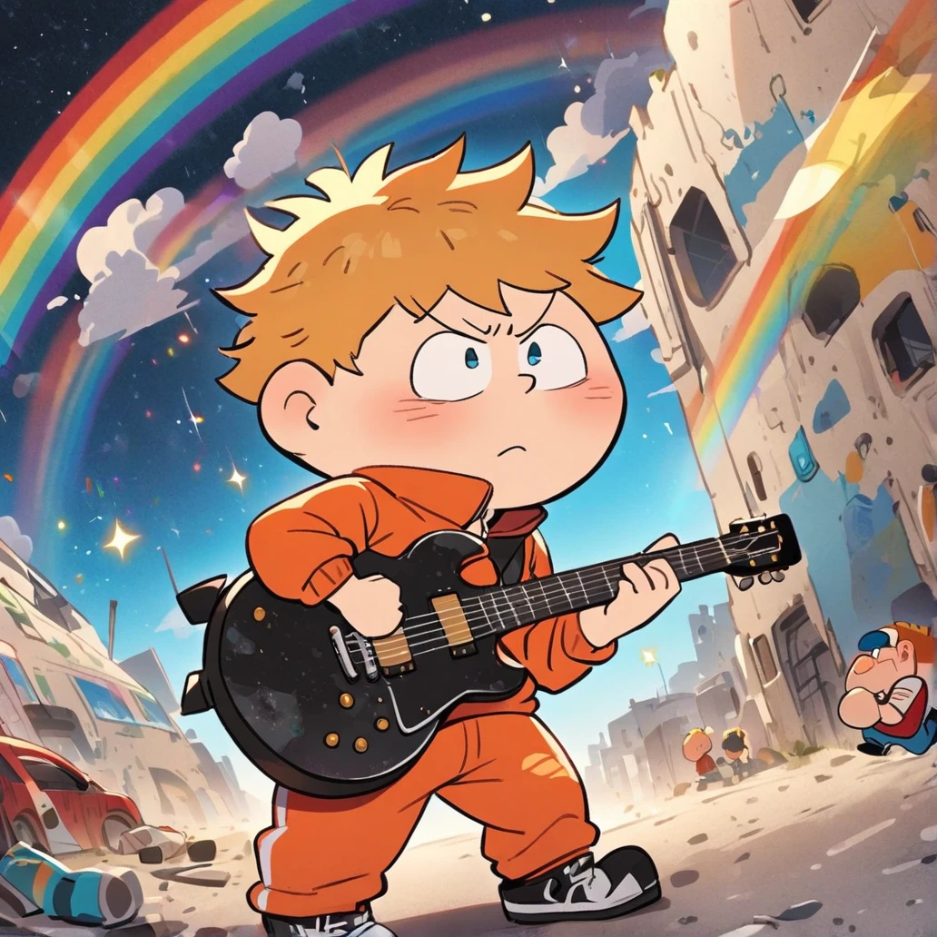 Eric Cartman, Cabelo Desgrenhado com Espinhos Pretos, Fato de treino laranja, tocando guitarra elétrica, Arco-íris no Espaço