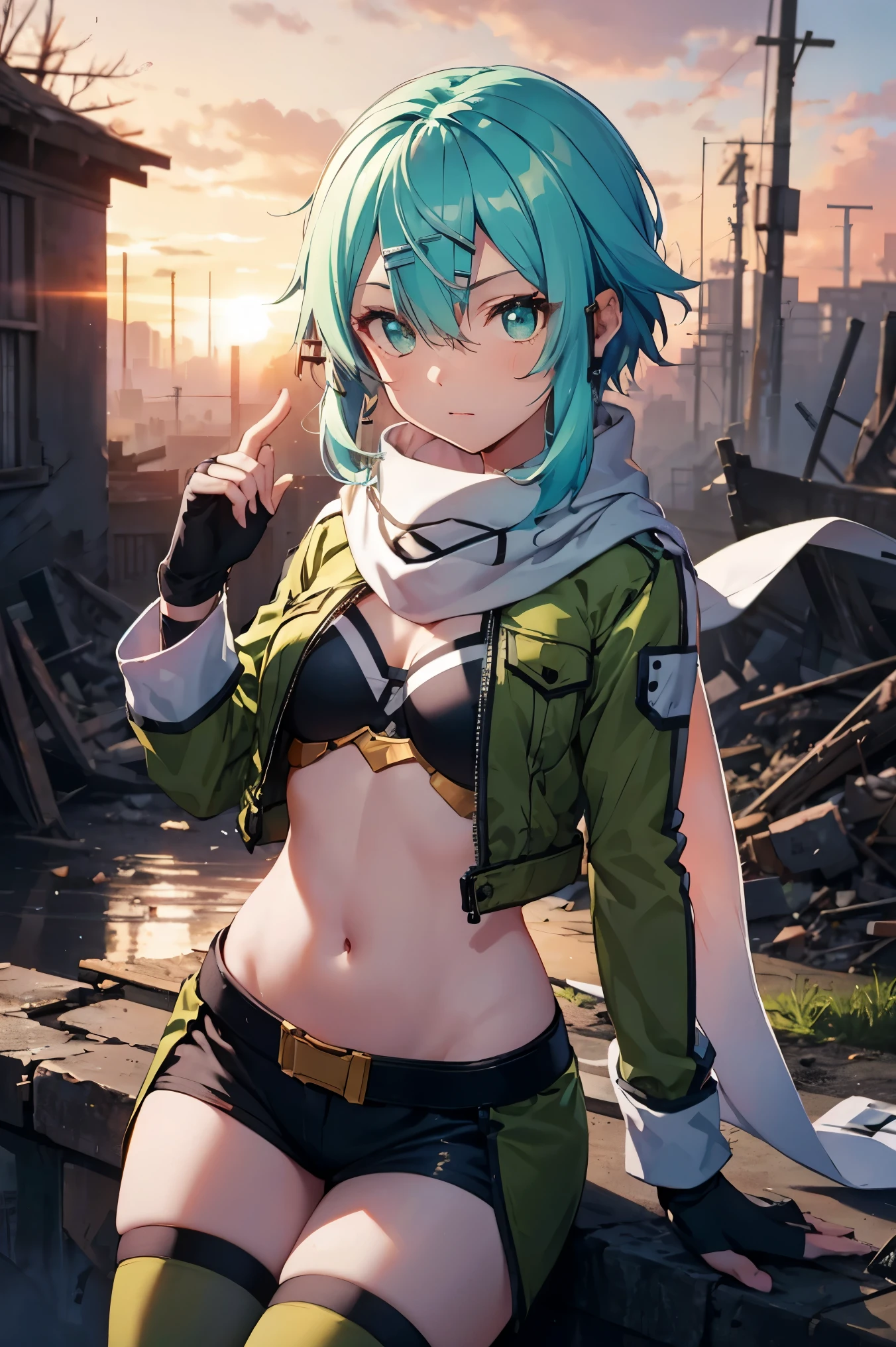 (masterpiece), best quality, expressive eyes, perfect face, highres, sinon1, scarf, fingerless gloves, long sleeves, short shorts,groin, hair ornament, hairclip, green thighhighs, green jacket,covered_nipples, thigh strap, field, sunset_ruins background, ruined structures, dynamic_posing, looking at the viewer, ,covered_navel,