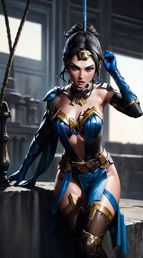 actress ((gal gadot)) as kitana from mortal kombat, in the temple, swings fans, blue-black revealing body, blue stockings, blue ...