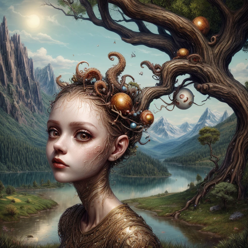 (masterpiece, hi resolution, hd wallpaper, extra resolution, best quality, intricate details:1.3), a head flying in the sky and turning into octopus with squids instead of hair, pretty face, big eyes with elegant eyelashes, surrealistic landscape with a grassy area and a lake on the foreground and trees and mountain on the background, abstract shapes and dead black tree growing on the head while head flying in the sky, liquid flash, balls, artwork by AIDA_NH_humans, surrealistic portrait in style of AIDA_NH_humans 