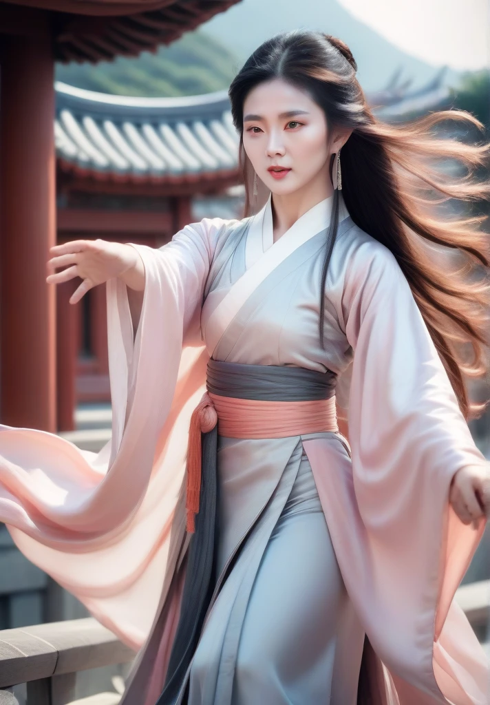 highly detailed skin, highly detailed face, actress portrait, hanfu, tang style, gzl, hong kong city view, silver earrings, blush,(),20 years old, gzl, hem of hanfu dress resembles smoke, fractal art, long hair , typhoon, arms up, fighting stance, close range, looking towards the audience