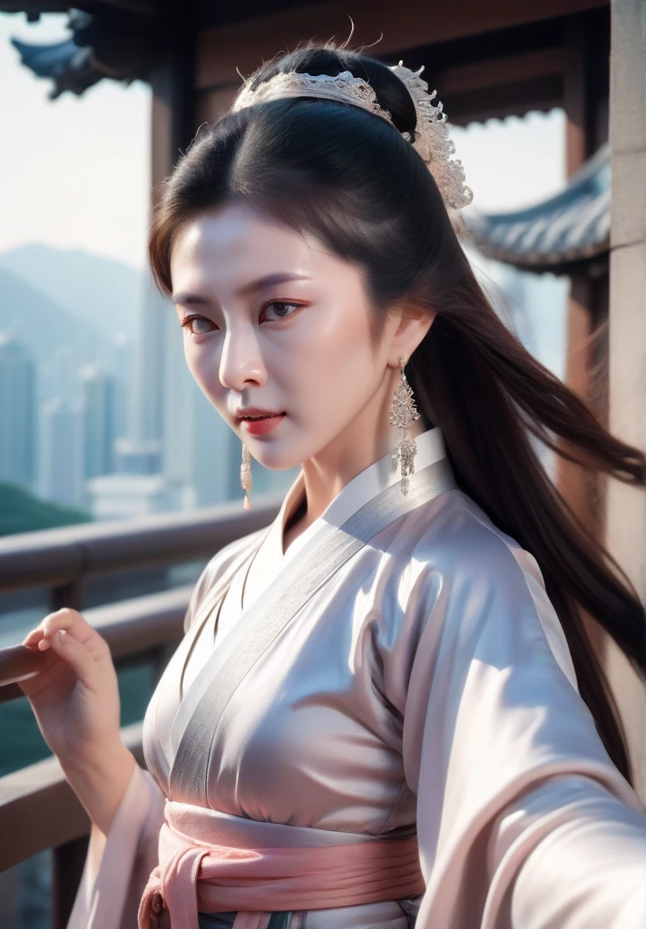 highly detailed skin, highly detailed face, actress portrait, hanfu, tang style, gzl, hong kong city view, silver earrings, blush,(),20 years old, gzl, hem of hanfu dress resembles smoke, fractal art, long hair , typhoon, arms up, fighting stance, close range, looking towards the audience