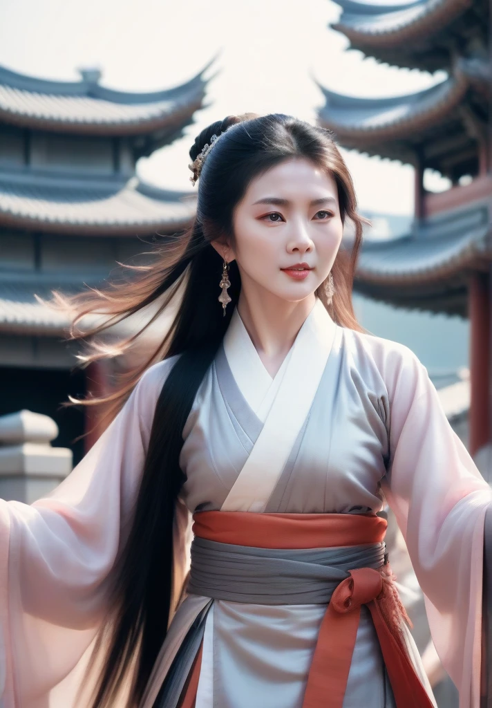 highly detailed skin, highly detailed face, actress portrait, hanfu, tang style, gzl, hong kong city view, silver earrings, blush,(),20 years old, gzl, hem of hanfu dress resembles smoke, fractal art, long hair , typhoon, arms up, fighting stance, close range, looking towards the audience