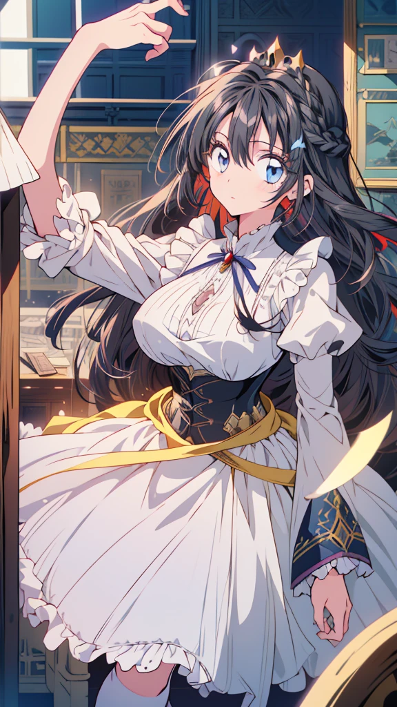 best quality, extremely detailed, anime style adult 1girl, long hair down to the waist, straight hair, ((dark black hair with bluish)),crown braid,beautiful detailed eyes, pinched eyes, dark blue eyes, huge breasts,curvy,(((white main princess colorful dress))),longskirt,Clothing with intricate decorations,feather and colorful accessory,((foppery shoes)),fluttering cloak,animation cap,animated gif,((((castle room)))),((((pov))))