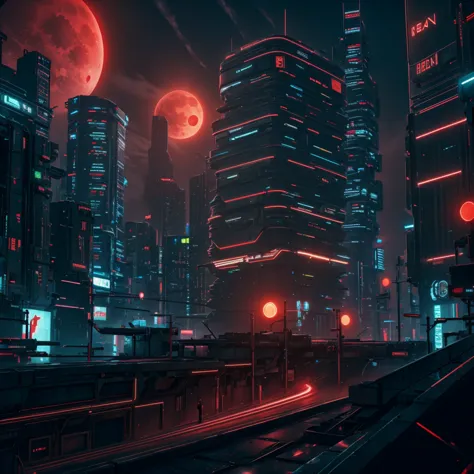 Cyberpunk city, neon lnight, night, HDR, Futuristic building, red lnight, Red Moon, red theme, traffic lnight, 4k resolution, la...