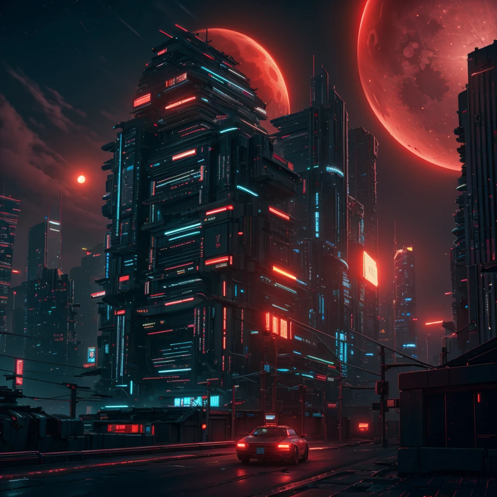 Cyberpunk city, neon lnight, night, HDR, Futuristic building, red lnight, Red Moon, red theme, traffic lnight, 4k resolution, landscape