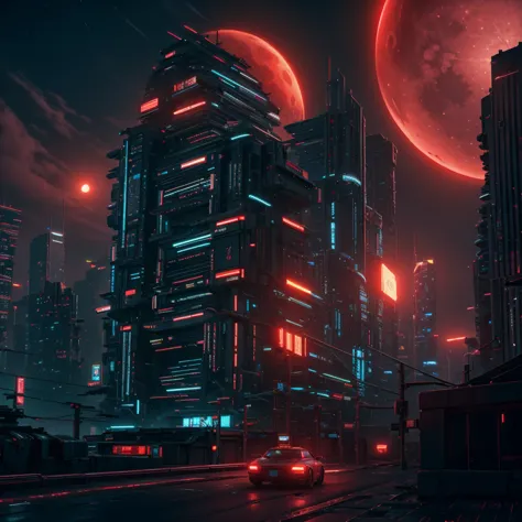 Cyberpunk city, neon lnight, night, HDR, Futuristic building, red lnight, Red Moon, red theme, traffic lnight, 4k resolution, la...