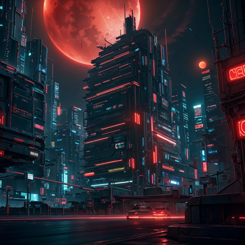 Cyberpunk city, neon lnight, night, HDR, Futuristic building, red lnight, Red Moon, red theme, traffic lnight, 4k resolution, landscape