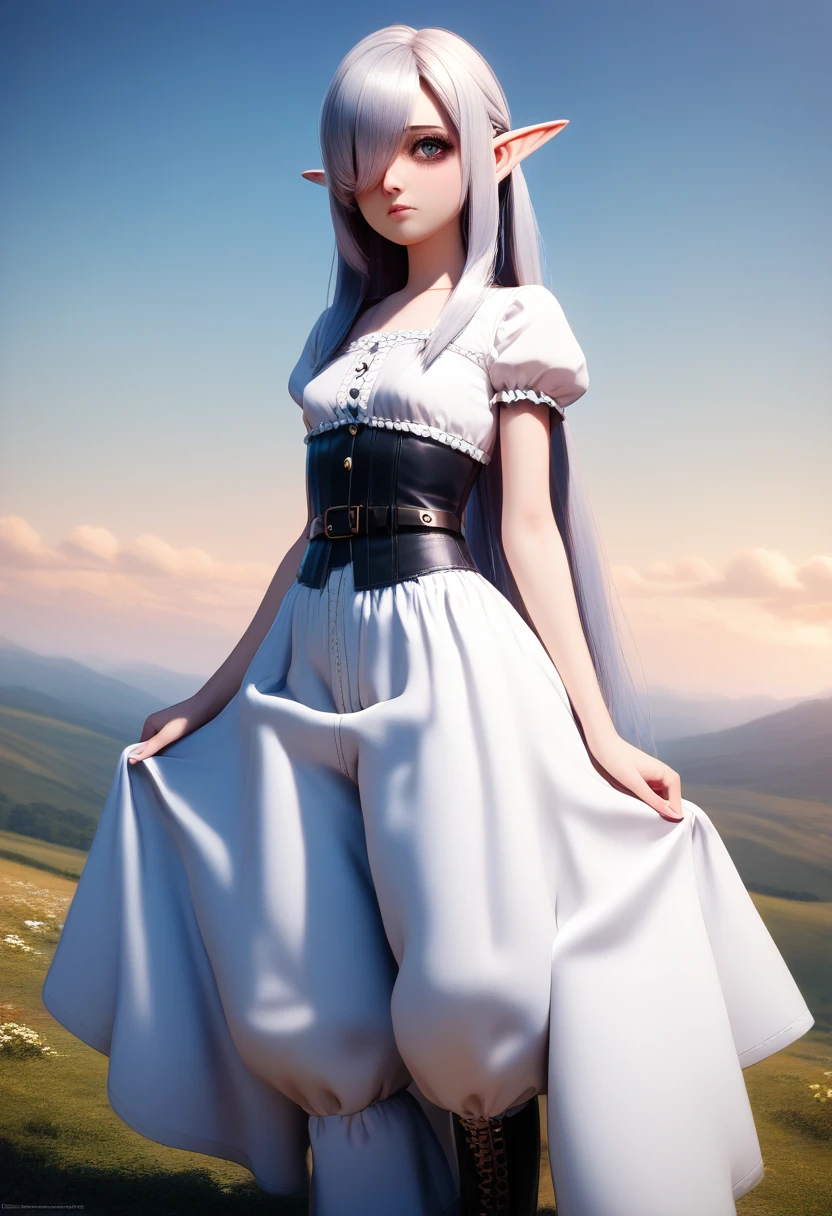 detailed gnome girl with pale skin, short stature, and very long silver hair that curls at the ends, covering one eye, with small breasts, pouty lips, and bright blue anime-style eyes with long lashes, wearing a corset, white puffy long sleeved shirt, and puffy cloth pants, leather bound boots, set in a windy fantasy landscape, (best quality,4k,8k,highres,masterpiece:1.2),ultra-detailed, dungeons and dragons, long elf ears, small girl, detailed skin and cloth textures, cute detailed face, intricate details, extremely detailed, 1girl, dynamic pose with hair covering one eye, shy personality, cloth pants with leather belt, detailed privateer outfit, detailed buccaneer outfit