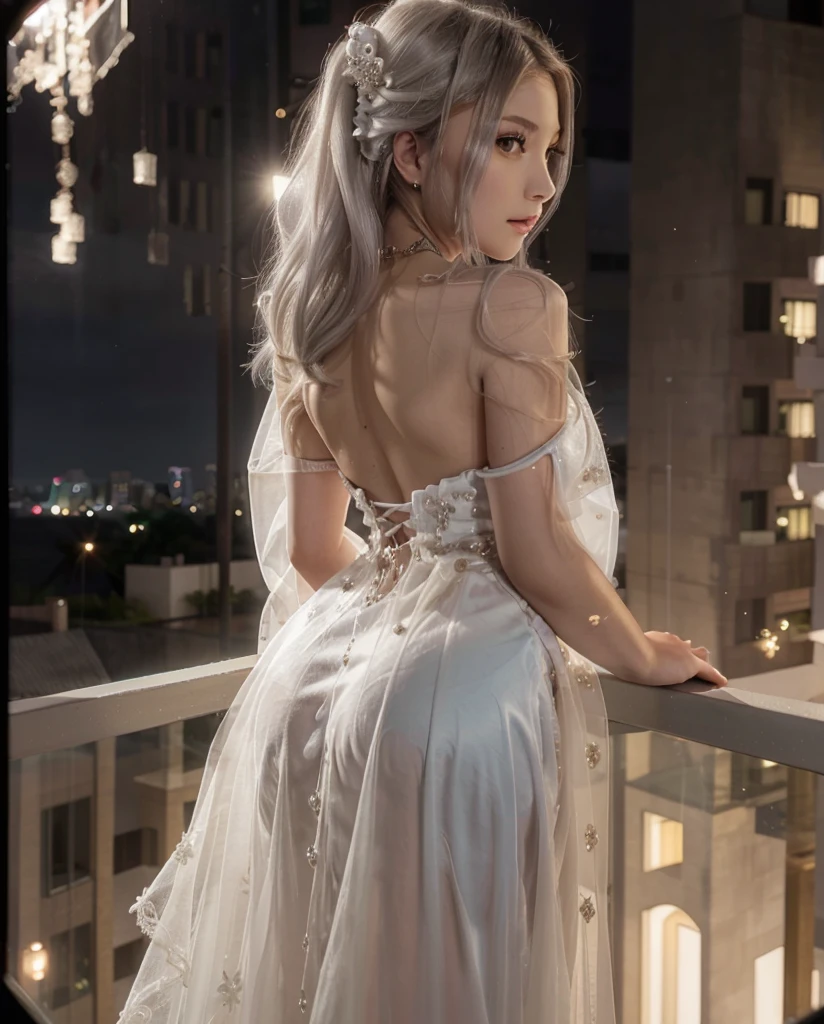 Beautiful Japanese waifu, early 24s, white hair, luxury white evening gown with lots of diamonds detailing, standing in a balcony in the nighttime