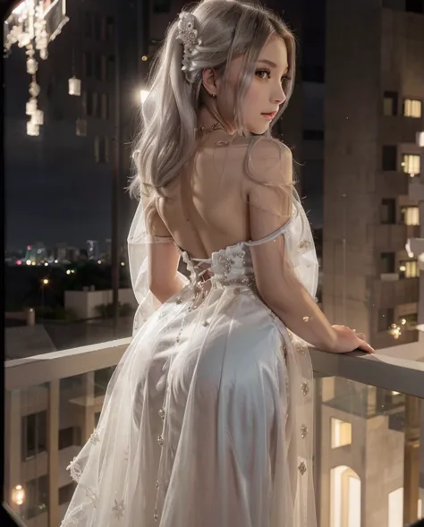 Beautiful Japanese waifu, early 24s, white hair, luxury white evening gown with lots of diamonds detailing, standing in a balcon...