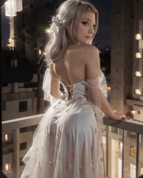 Beautiful Japanese waifu, early 24s, white hair, luxury white evening gown with lots of diamonds detailing, standing in a balcon...