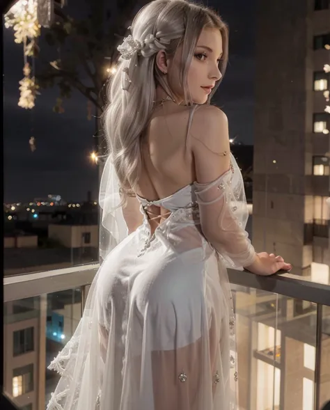 Beautiful european waifu, early 24s, white hair, luxury white evening gown with lots of diamonds detailing, standing in a balcon...