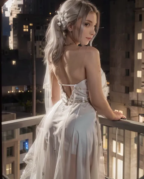 Beautiful european waifu, early 24s, white hair, luxury white evening gown with lots of diamonds detailing, standing in a balcon...
