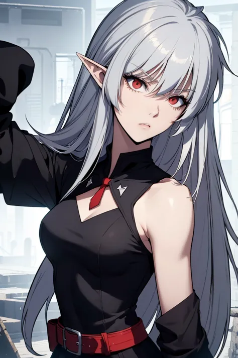 alice,vampire,grey hair, long hair, red eyes, pointy ears, small breasts,4k, raw camera, highres, detailed, masterpiece, portrai...