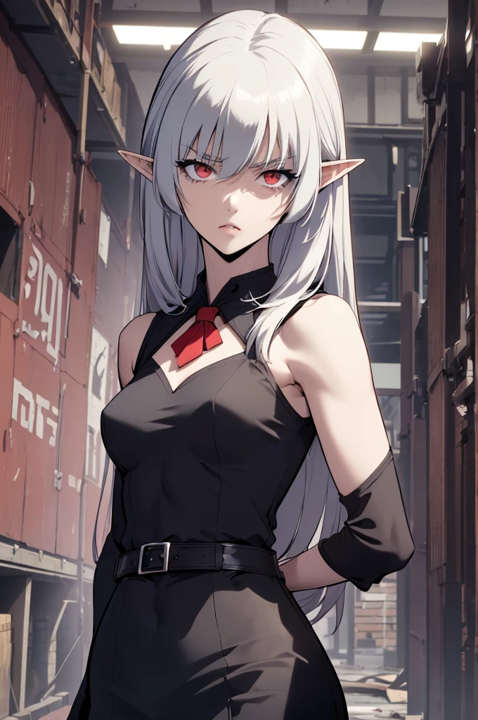 alice,vampire,grey hair, long hair, red eyes, pointy ears, small breasts,4k, raw camera, highres, detailed, masterpiece, portrait, aesthetic, beautiful, best quality, highly detaile, best quality clothing, aesthetic clothings, professional angle, rule of thirds, Feminine, delicate, beautiful, 19 years, attractive, solo, 1 girl, (Akame), (In the Abandoned warehouse), (Upper Body ), ((From Front)), (Night), ((Serious)), (Very Long Hair,  Very Straight Hair, Irregular Fringe, loose hair Hair, - in hair), (Open Eyes, , Natural Eyes, Impetuous Gaze Gaze), Light Skin, (Standing), ((-)), -, -, (Closed Mouth), (Natural Lips), (Average Bust), ((Arms Down)), ((Black one-piece dress with armhole sleeves), Mini black skirt, Red Belt with protector on the left side, red Tie, (High quality Clothing), ( Neckline)), beautiful body, beautiful eyes, shiny eyes, shiny hair, beautiful mouth, beautiful lips, beautiful face
