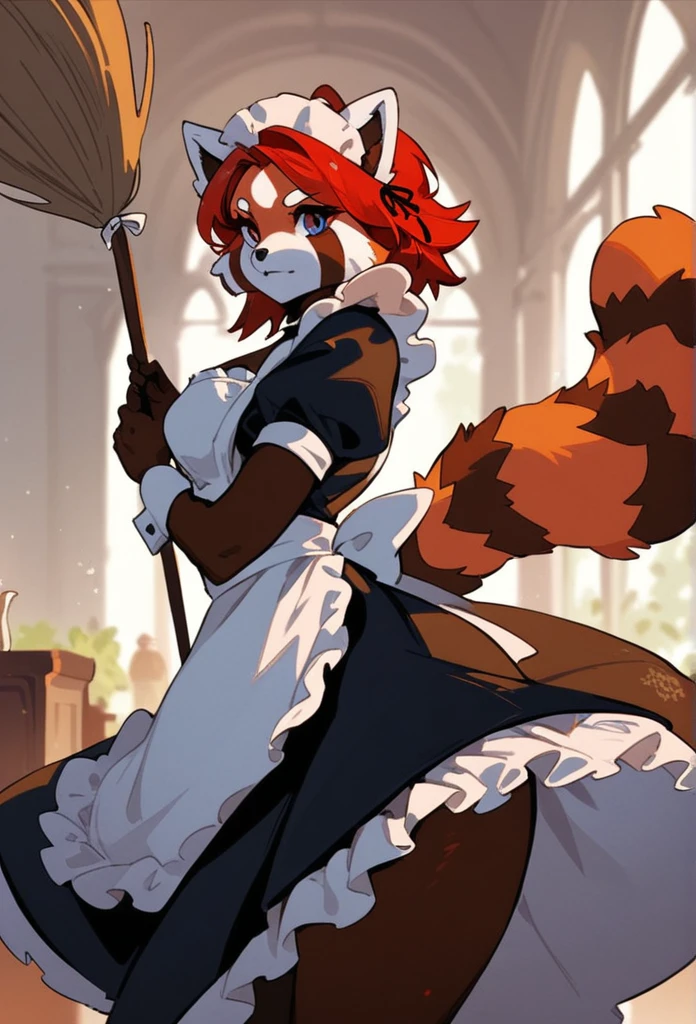 score_8_up,( score_4_up:-0.2), woman, red panda, anthro, maid, hold a broom