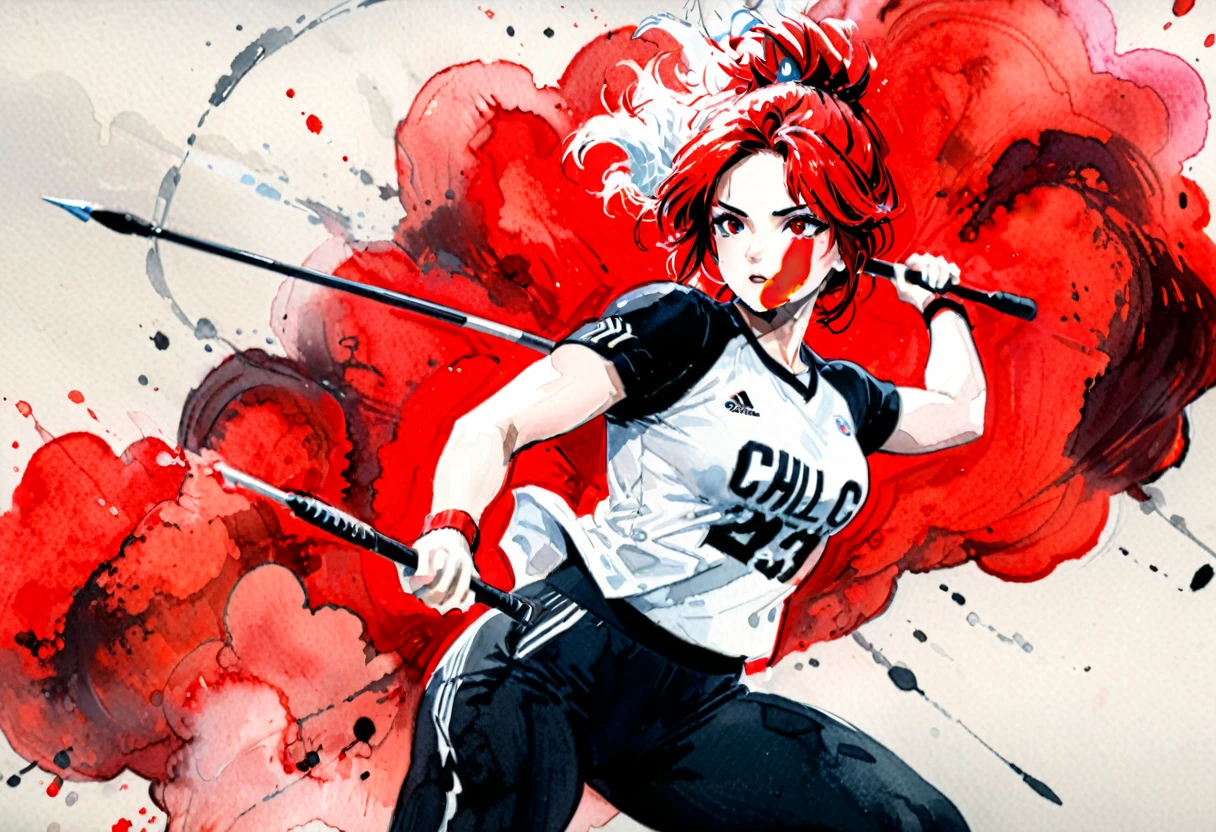 (( a black and white and red watercolor art: 1.5)) a watercolor portrait of woman throwing javelin in the Olympics, a woman, dynamic hair color, dynamic hair style, (most beautiful face: 1.3), (ultra detailed face: 1.4), ((holding javelin ready to throw: 1.5)),   ((wearing athletic shirt, pants and sneakers: 1.2)), ibrant, Ultra-high resolution, High Contrast, (masterpiece:1.5), highest quality, Best aesthetics), best details, best quality, highres, 16k, [ultra detailed], masterpiece, best quality, (extremely detailed), Cinematic Hollywood Film, watercolor