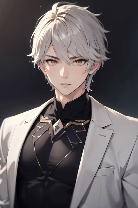 ((best quality)), ((masterpiece)), (detailed), handsome young adult male, short white hair, detailed and well-proportioned orang...