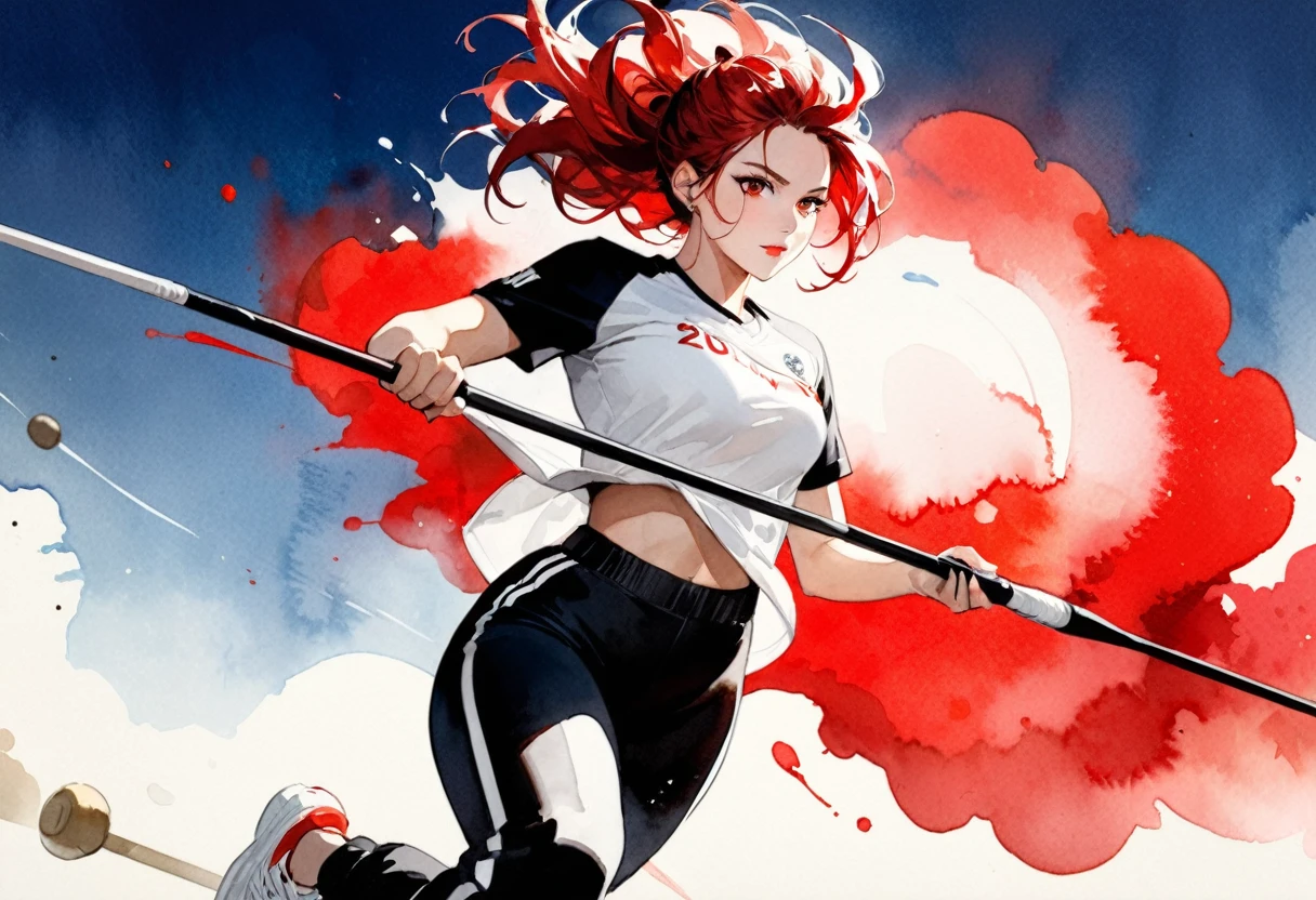 (( a black and white and red watercolor art: 1.5)) a watercolor portrait of woman throwing javelin in the Olympics, a woman, dynamic hair color, dynamic hair style, (most beautiful face: 1.3), (ultra detailed face: 1.4), ((holding javelin ready to throw: 1.5)),   ((wearing athletic shirt, pants and sneakers: 1.2)), ibrant, Ultra-high resolution, High Contrast, (masterpiece:1.5), highest quality, Best aesthetics), best details, best quality, highres, 16k, [ultra detailed], masterpiece, best quality, (extremely detailed), Cinematic Hollywood Film, watercolor