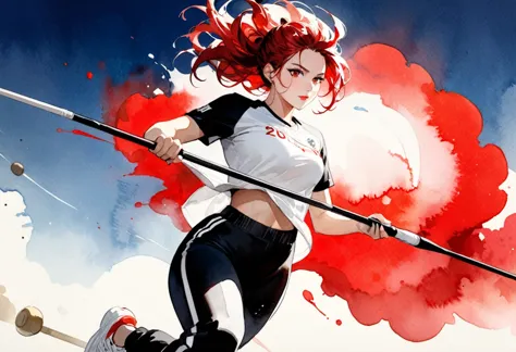 (( a black and white and red watercolor art: 1.5)) a watercolor portrait of woman throwing javelin in the Olympics, a woman, dyn...