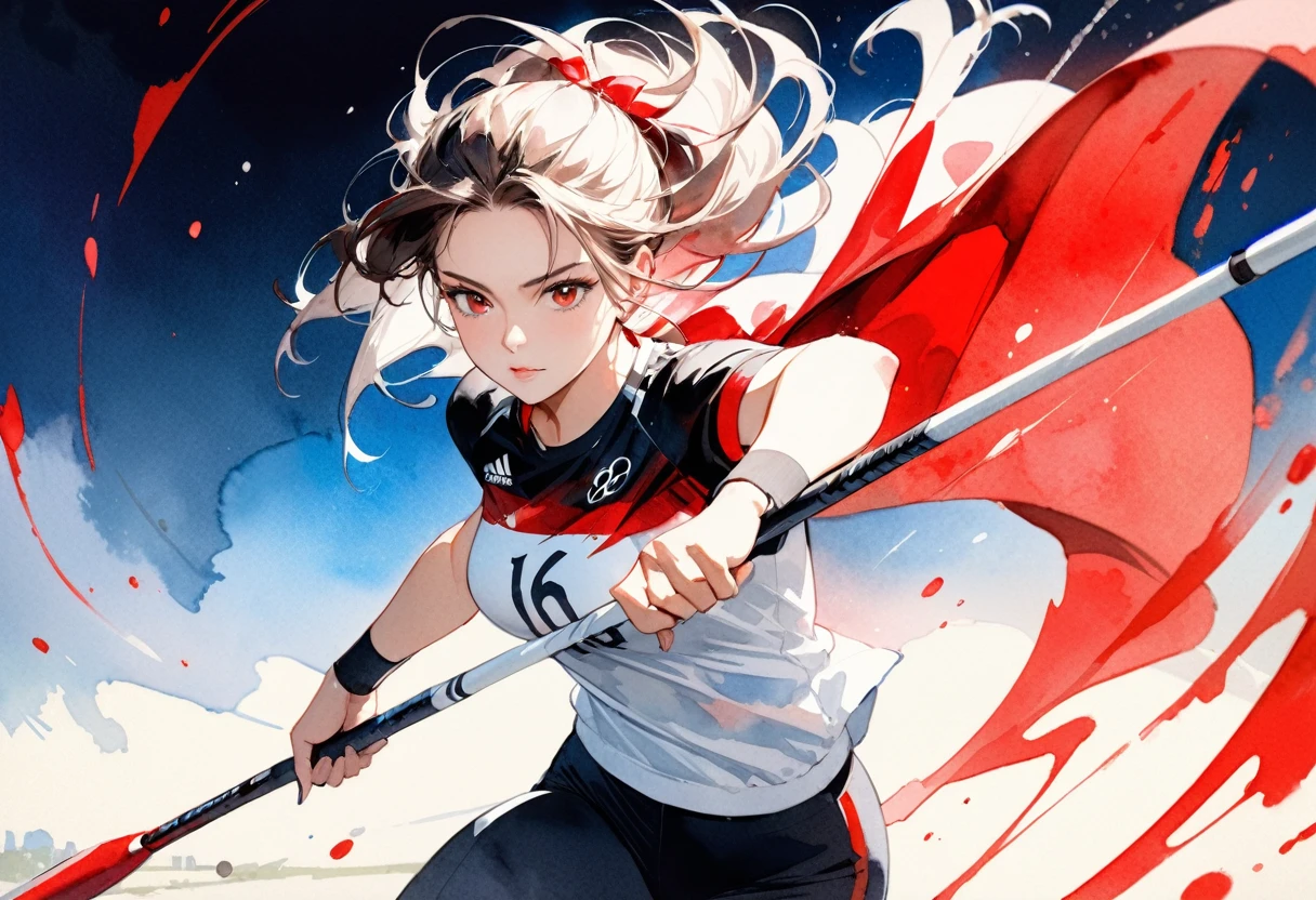 (( a black and white and red 수채화 art: 1.5)) a 수채화 portrait of woman throwing javelin in the Olympics, 여자, 다이나믹한 헤어 컬러, 다이나믹한 헤어스타일, (가장 아름다운 얼굴: 1.3), (매우 상세한 face: 1.4), ((투창을 던질 준비를 들고: 1.5)),   ((운동복을 입고, 바지와 운동화: 1.2)), 브랜트, 초고해상도, 고대비, (걸작:1.5), 최상의 품질, 최고의 미학), 최고의 세부 사항, 최고의 품질, 고등어, 16,000, [매우 상세한], 걸작, 최고의 품질, (매우 상세한), 시네마틱 할리우드 영화, 수채화