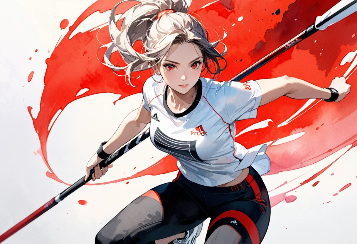 (( a black and white and red สีน้ำ art: 1.5)) a สีน้ำ portrait of woman throwing javelin in the Olympics, ผู้หญิง, สีผมแบบไดนามิก, ทรงผมแบบไดนามิก, (ใบหน้าที่สวยที่สุด: 1.3), (มีรายละเอียดมาก face: 1.4), ((ถือหอกพร้อมขว้าง: 1.5)),   ((สวมเสื้อกีฬา, กางเกงและรองเท้าผ้าใบ: 1.2)), เกิดขึ้นใหม่, ความละเอียดสูงเป็นพิเศษ, คอนทราสต์สูง, (ผลงานชิ้นเอก:1.5), คุณภาพสูงสุด, สุนทรียศาสตร์ที่ดีที่สุด), รายละเอียดที่ดีที่สุด, คุณภาพดีที่สุด, ความสูง, 16ก, [มีรายละเอียดมาก], ผลงานชิ้นเอก, คุณภาพดีที่สุด, (มีรายละเอียดมาก), ภาพยนตร์ฮอลลีวูดระดับภาพยนตร์, สีน้ำ