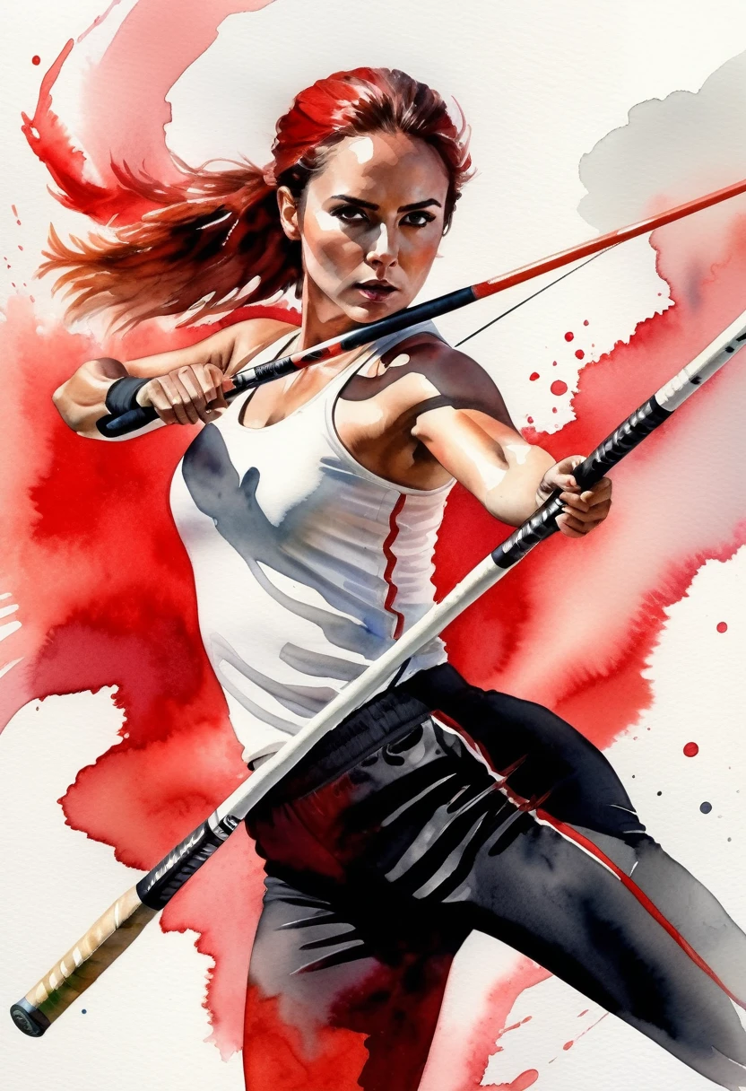 (( a black and white and red watercolor art: 1.5)) a watercolor portrait of woman holding a javelin, ready to throw, in the Olympics, a woman, dynamic hair color, dynamic hair style, (most beautiful face: 1.3), (ultra detailed face: 1.4), ((holding javelin ready to throw: 1.5)), concentrating, tense, ready for the peak of her life,  ((wearing athletic shirt, pants and sneakers: 1.2)), ibrant, Ultra-high resolution, High Contrast, (masterpiece:1.5), highest quality, Best aesthetics), best details, best quality, highres, 16k, [ultra detailed], masterpiece, best quality, (extremely detailed), Cinematic Hollywood Film, watercolor