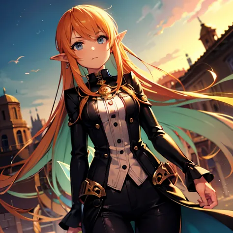 a young girl, his hair is long and orange in color., his enigmatic and emerald green eyes. her clothing is inspired by steampunk...