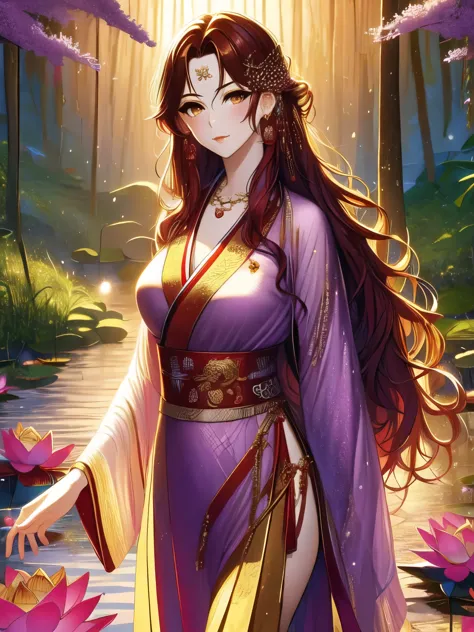 best quality, ultra high definition, (((1 girl))), (long red wavy hair), (golden eyes), (chinese clothes), (((purple lotus neckl...